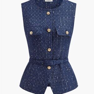 Commense Navy Tweed Vest with Gold buttons and removable belt